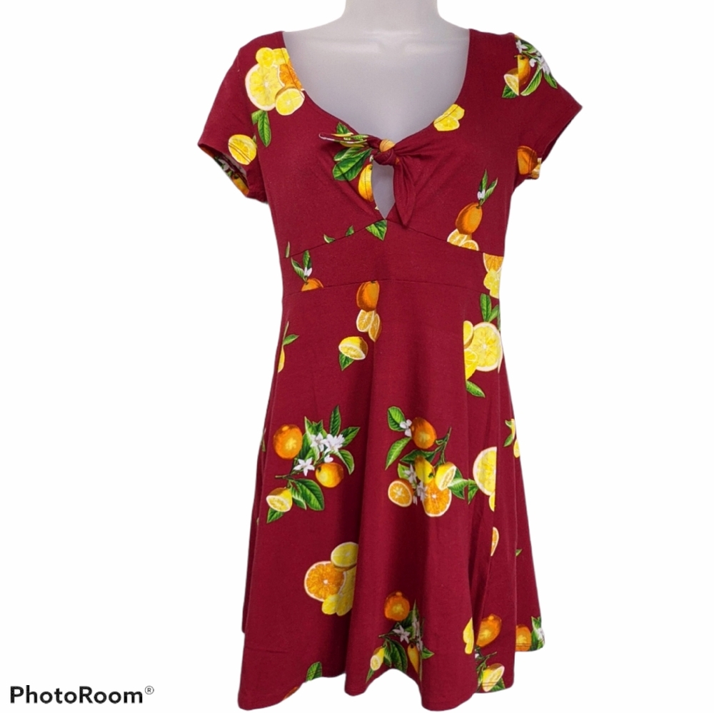 Forever 21 Dress Red Citrus Lemons Oranges Print Skater Dress Keyhole Medium